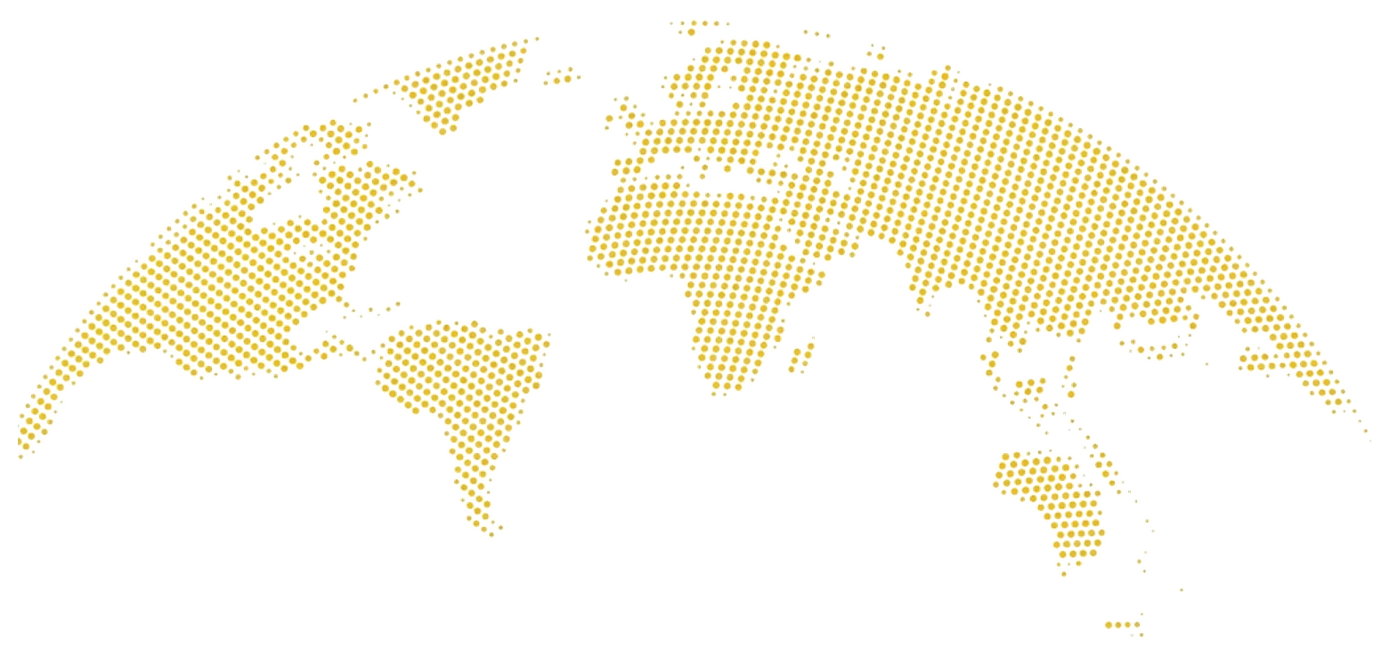 Curved dotted halftone world map in gold showing international investment reach and global markets.