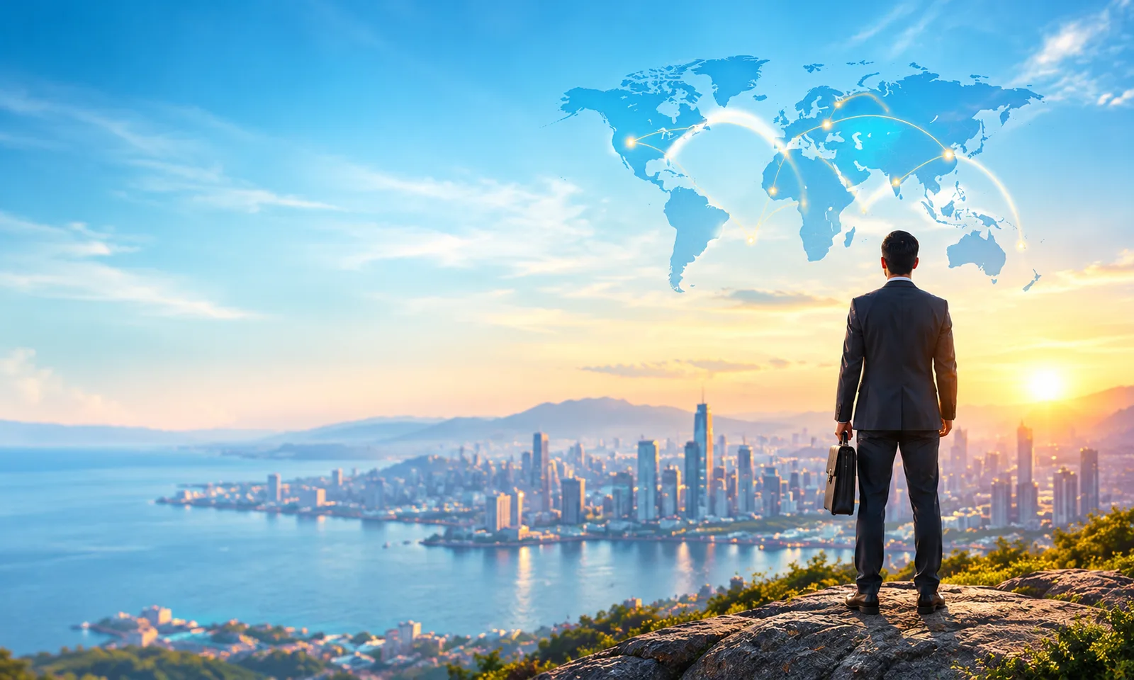 A businessman seen from behind, looking out over a coastal city skyline at sunset, with a world map and connecting flight routes overlaid above him.