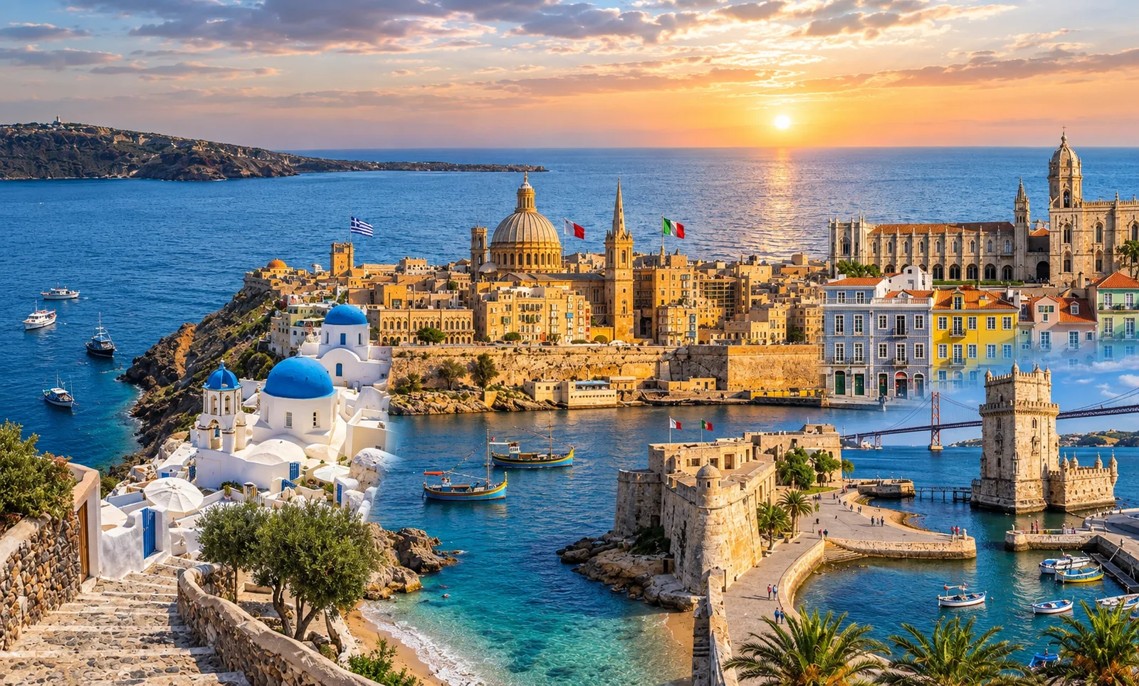 A composite sunset view of harbour cities across southern Europe — Malta's Grand Harbour, a whitewashed Greek island town and Lisbon's Belém Tower blended into one skyline.
